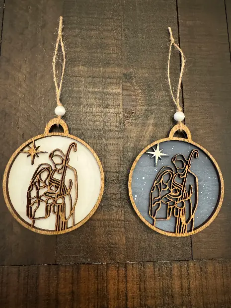 Layered birch nativity wood ornament