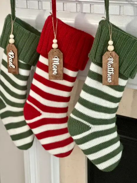 Set of engraved wooden stocking name tags